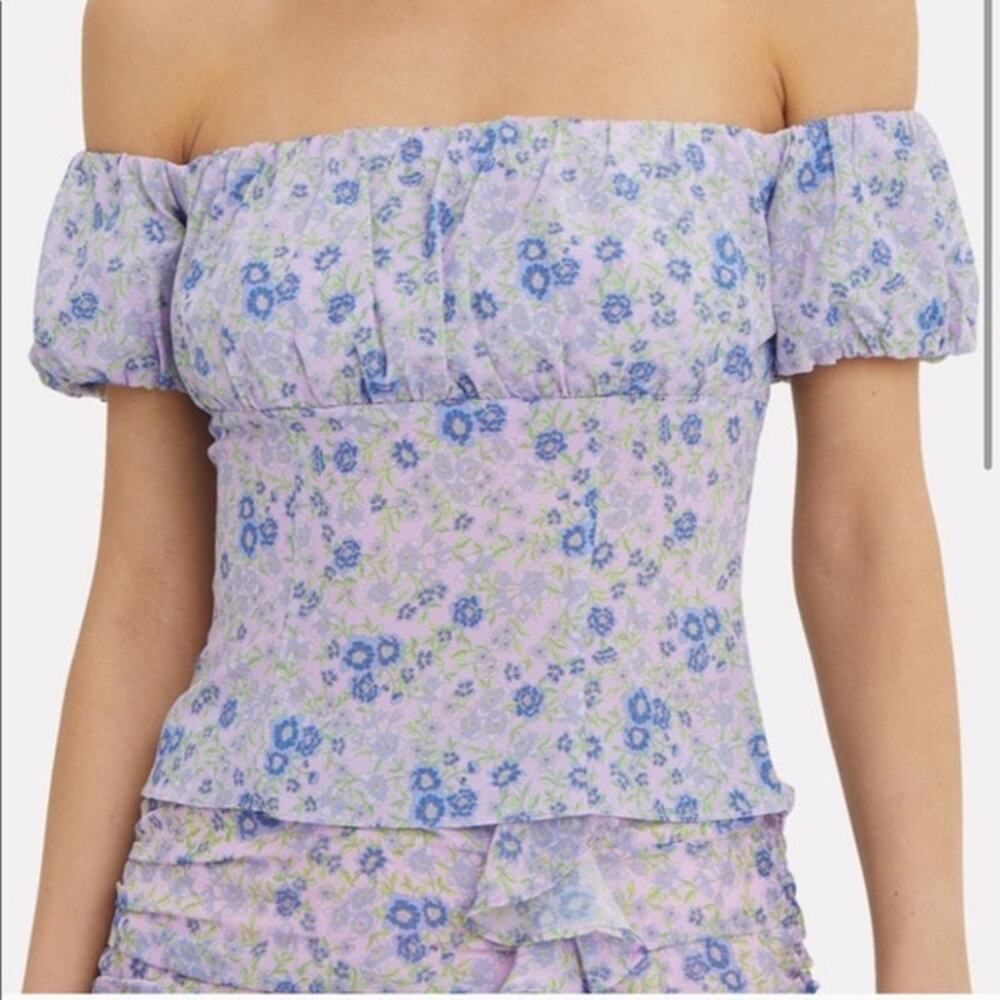 Intermix Valentina Silk floral smocked off shoulder top purple blue & green 4